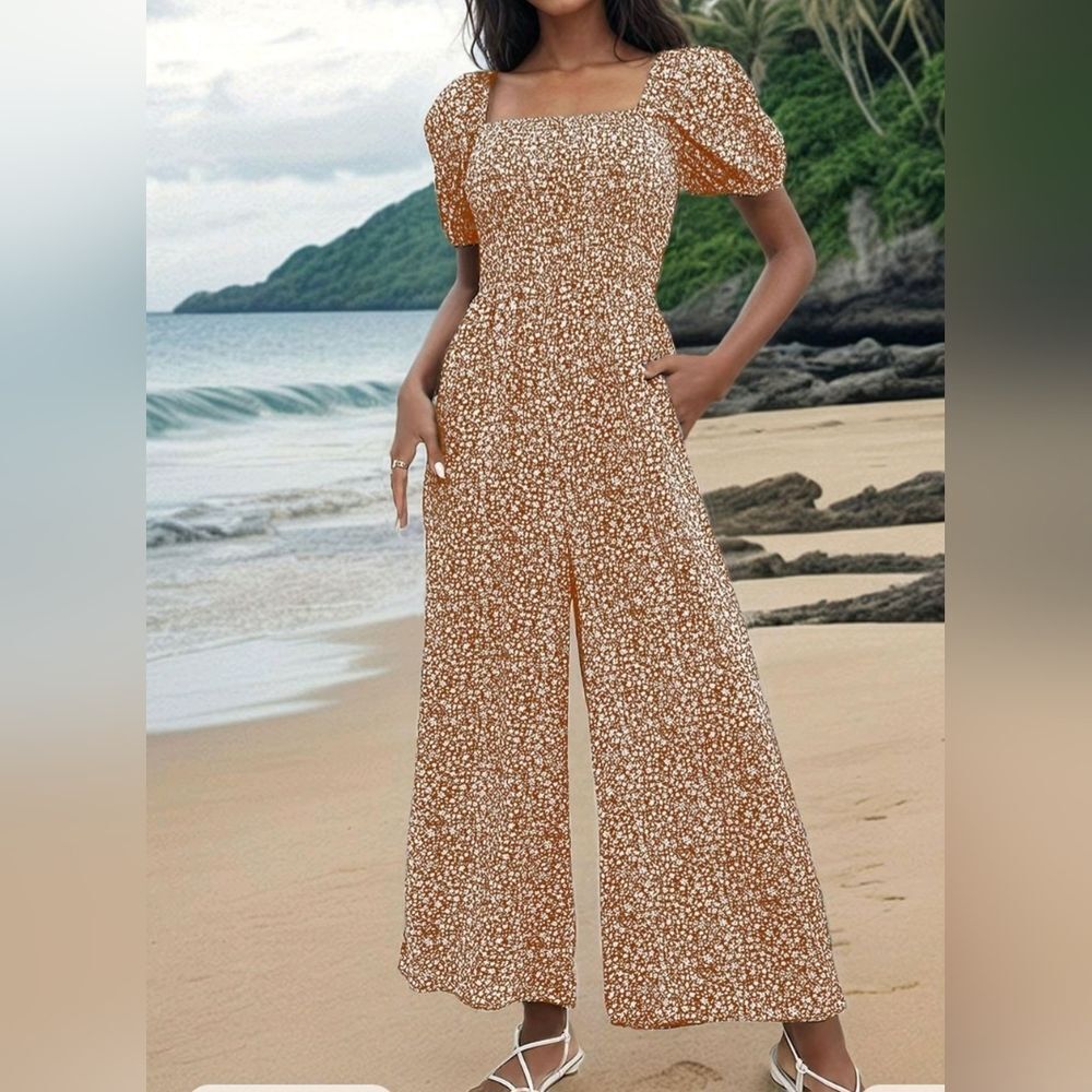 Women's Brown Floral Square-Neck Jumpsuit